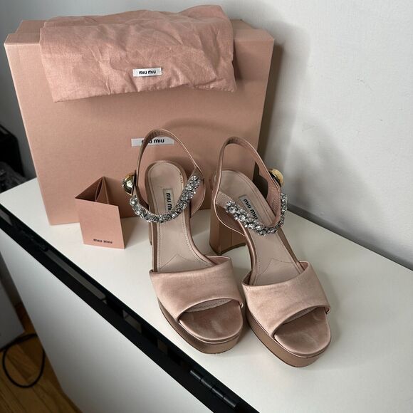 Miu Miu Nude Calzature Donna Satin Crystal Ankle Strap Platform Block Heels 10.5 - Picture 2 of 16